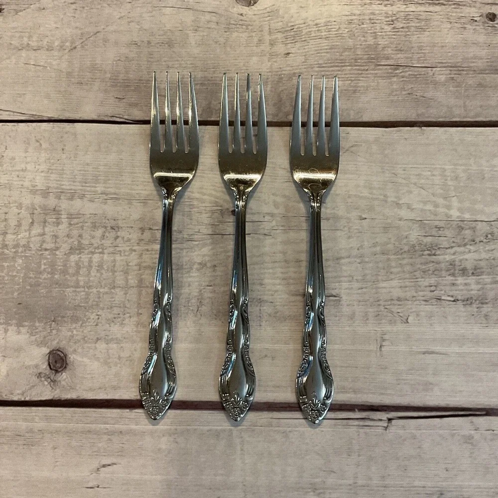 Imperial International Stainless Flatware FLEURETTE 3 Salad Dessert Forks Korea